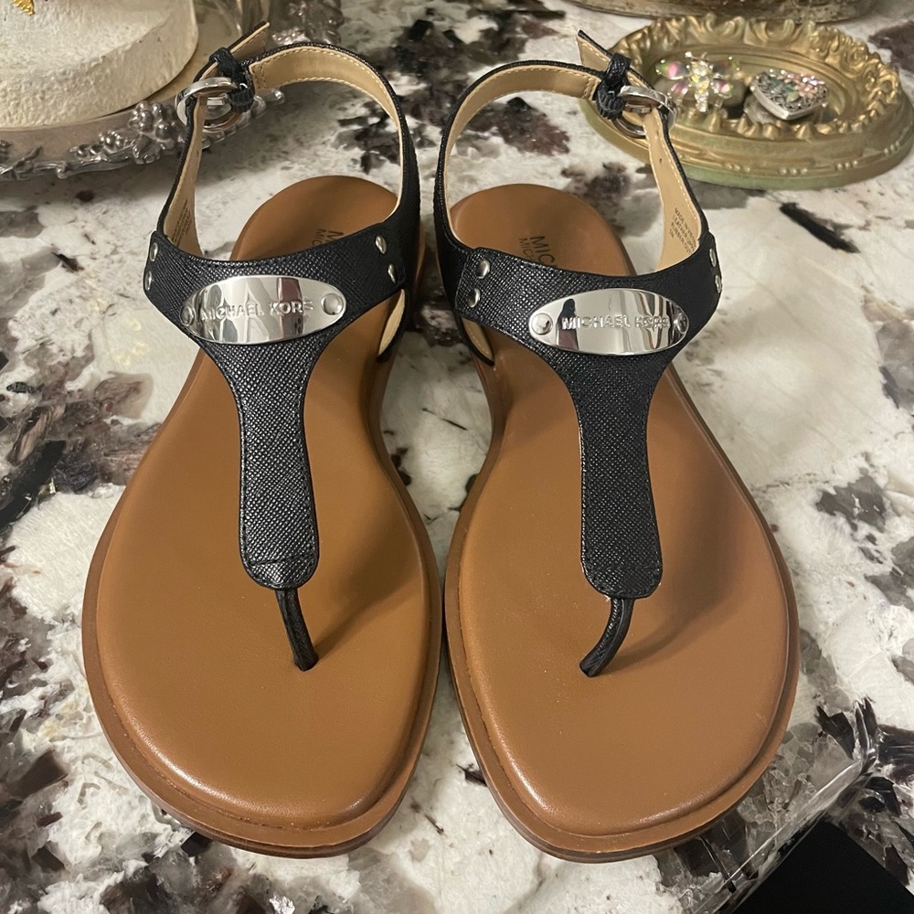 Michael Kors Black and Tan T-Strap Sandals Size 5